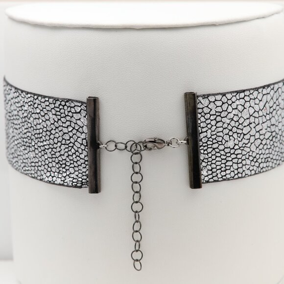Silver Tone Choker Adjustable Length Fancy Texture Wide chokers (#78) - Picture 7 of 10
